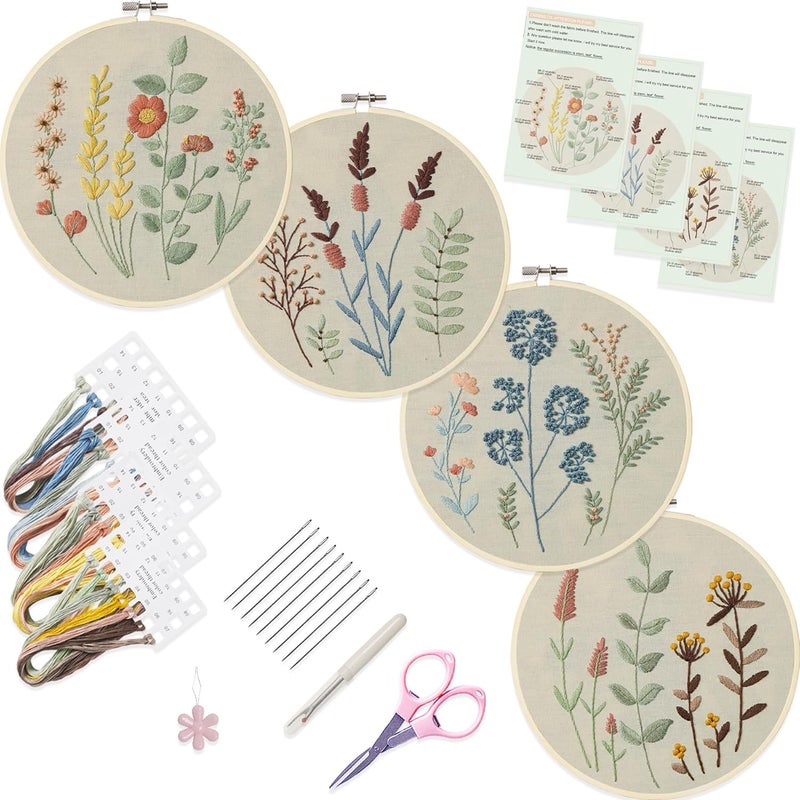 Bonroy 4 Sets Embroidery Kit for Beginners,Embroidery Kit for Art Craft Handy Sewing Include Embroidery Clothes with Pattern,Embroidery Hoops, Instructions,Color Threads Needle Kit (Multi 5) - Image 1